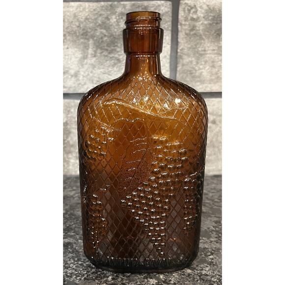 Vintage Brown Glass Bottle Flask Wine Oval One Pint Grapes - Picture 1 of 6